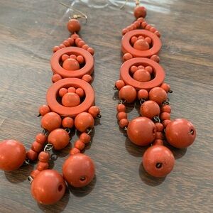 Vintage wooden Bohemian Red Beaded Dangle Earrings